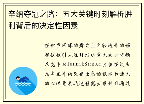 辛纳夺冠之路：五大关键时刻解析胜利背后的决定性因素