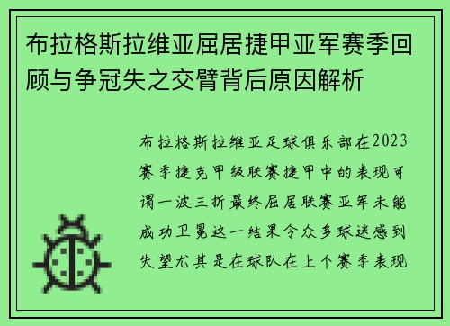 布拉格斯拉维亚屈居捷甲亚军赛季回顾与争冠失之交臂背后原因解析
